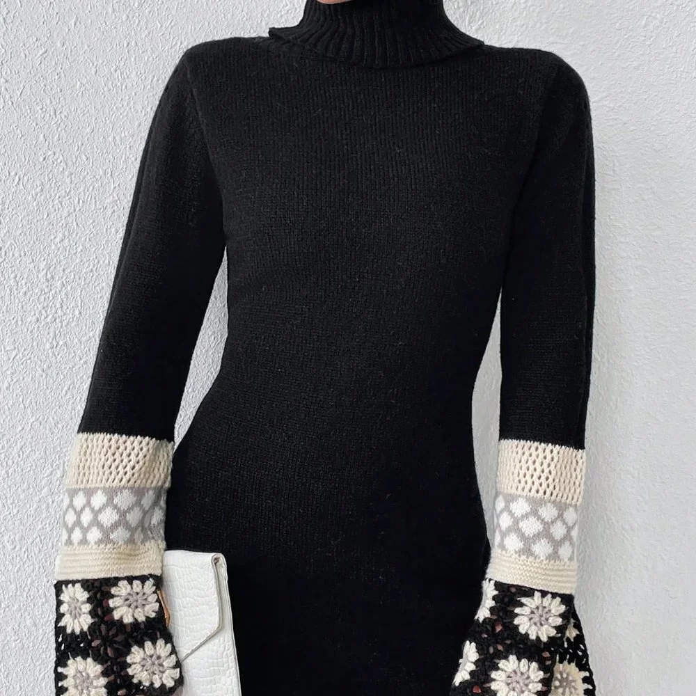 Black Preppy Womens Floral Crochet Turtle Neck Trumpet Sleeve Sweater Dress - Picture 2 of 5